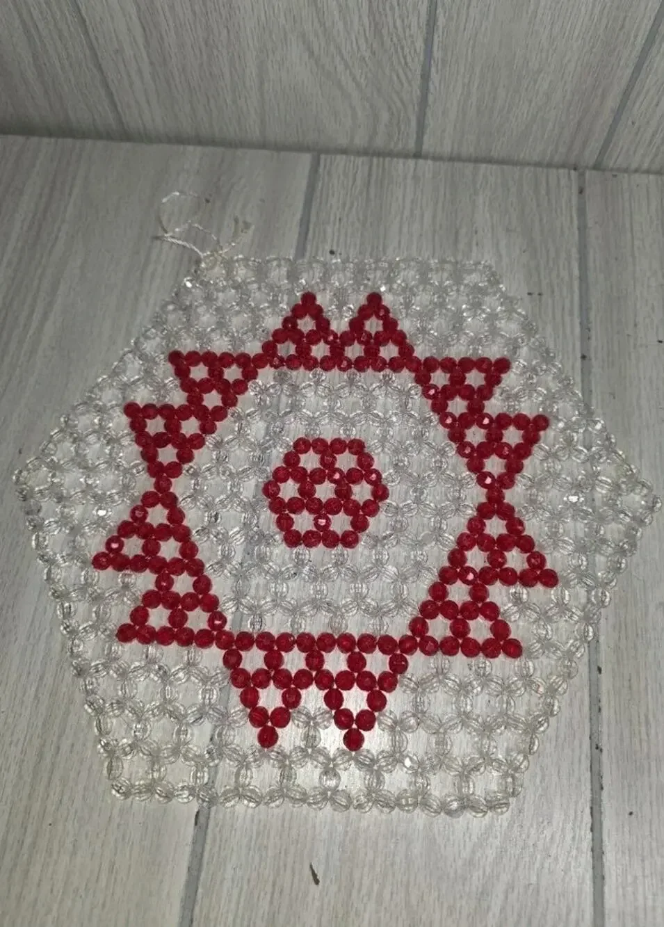 Vtg Handmade Beaded Doily Christmas Red And White Table Centerpiece Placemat